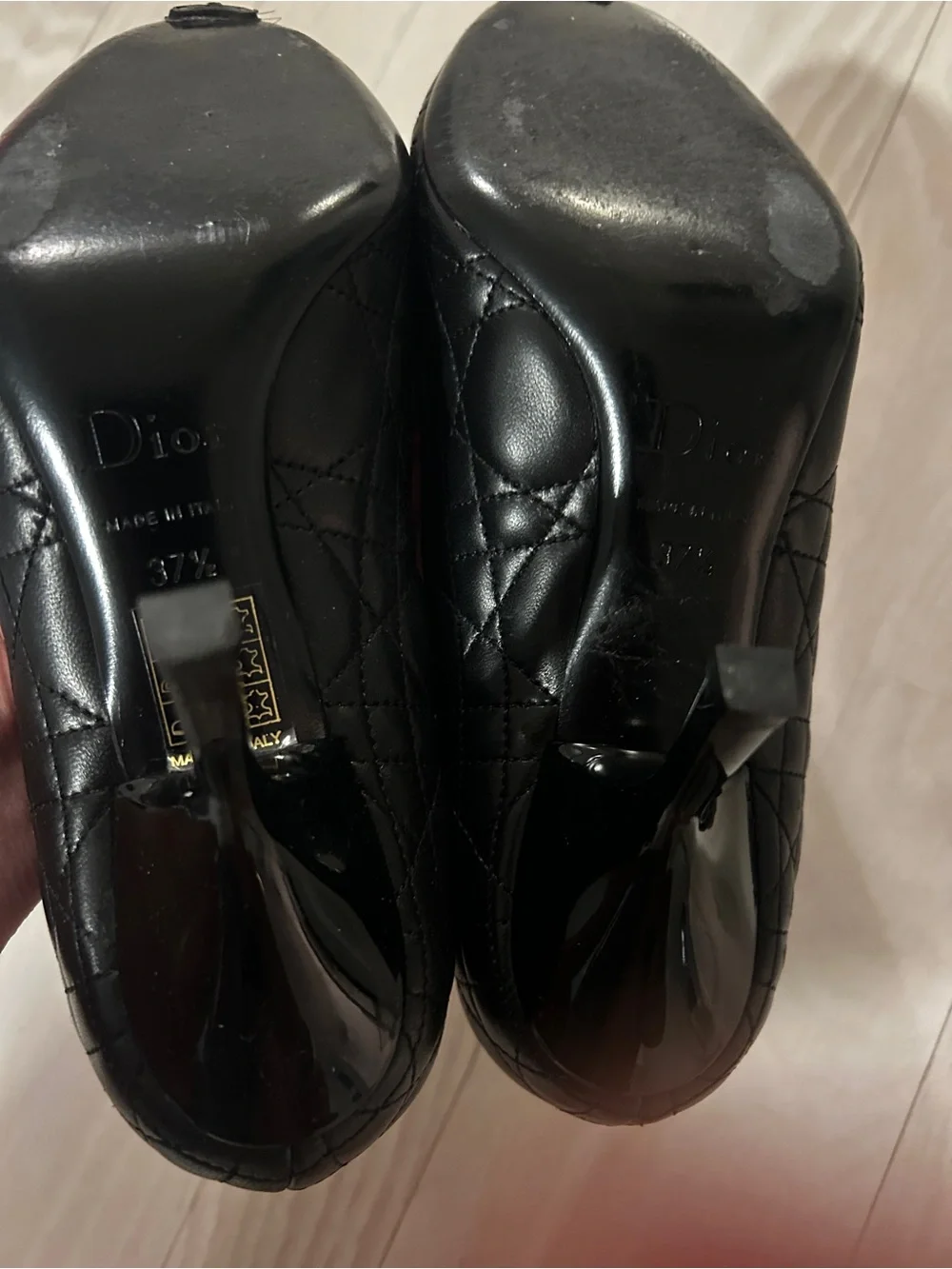 Dior Black Quilted Cannage leather heels.  Gold CD Bow